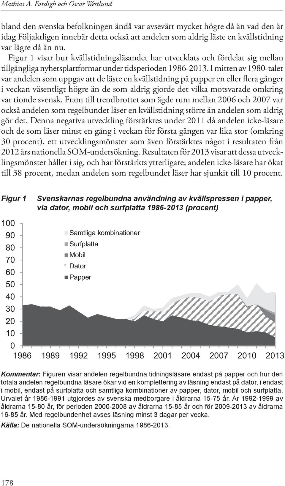 då än nu. Figur 1 visar hur kvällstidningsläsandet har utvecklats och fördelat sig mellan tillgängliga nyhetsplattformar under tidsperioden 1986-2013.