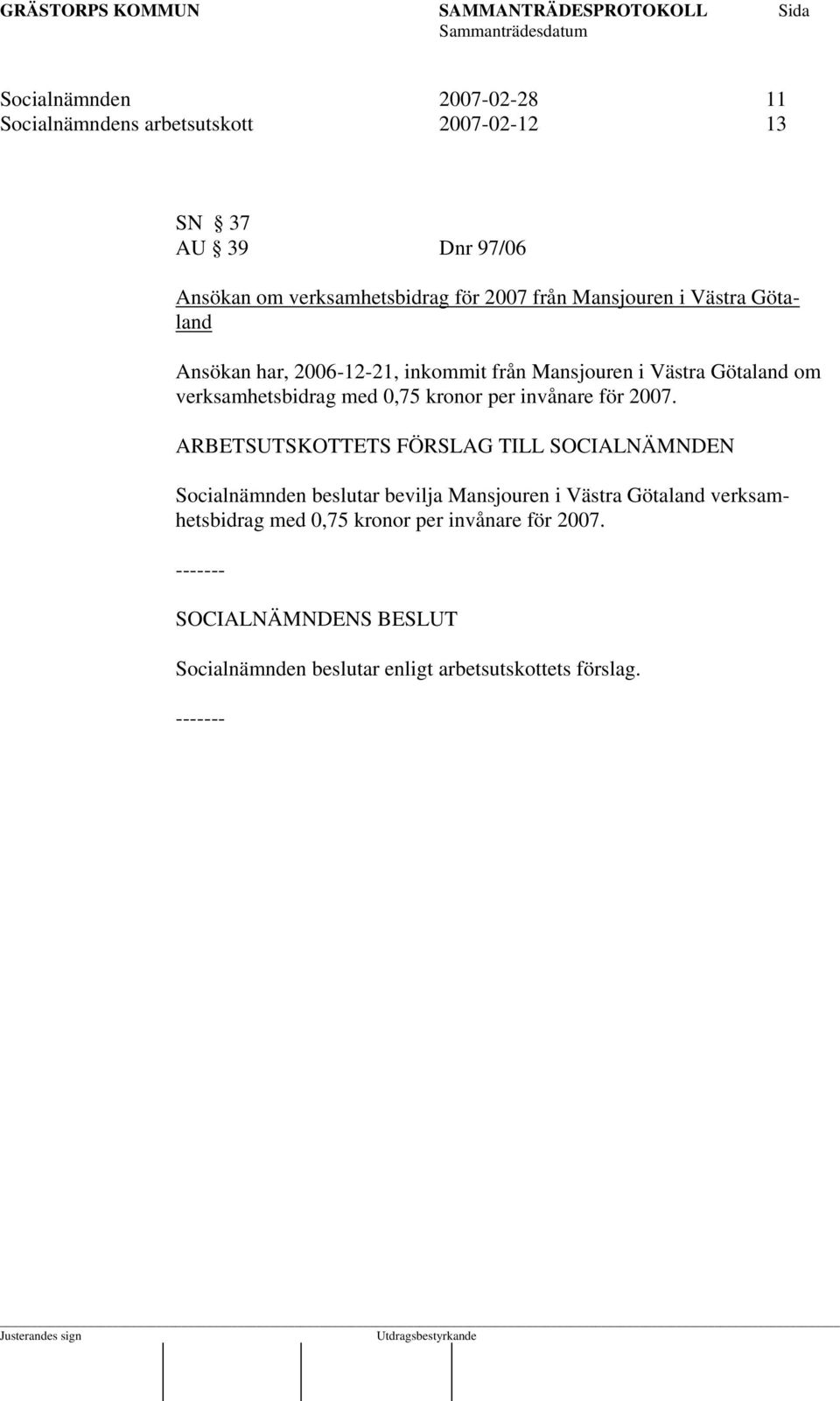 med 0,75 kronor per invånare för 2007.