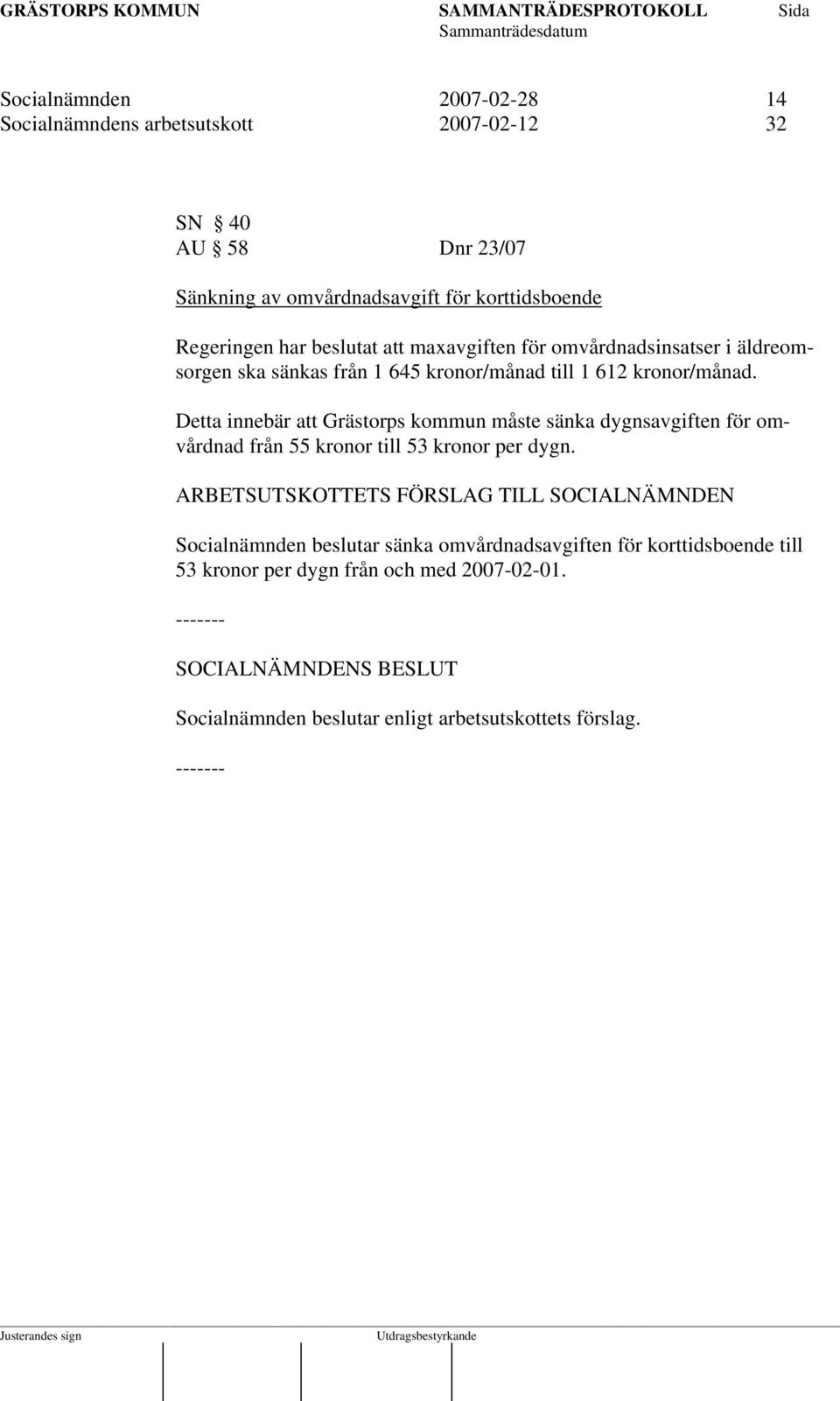 Detta innebär att Grästorps kommun måste sänka dygnsavgiften för omvårdnad från 55 kronor till 53 kronor per dygn.