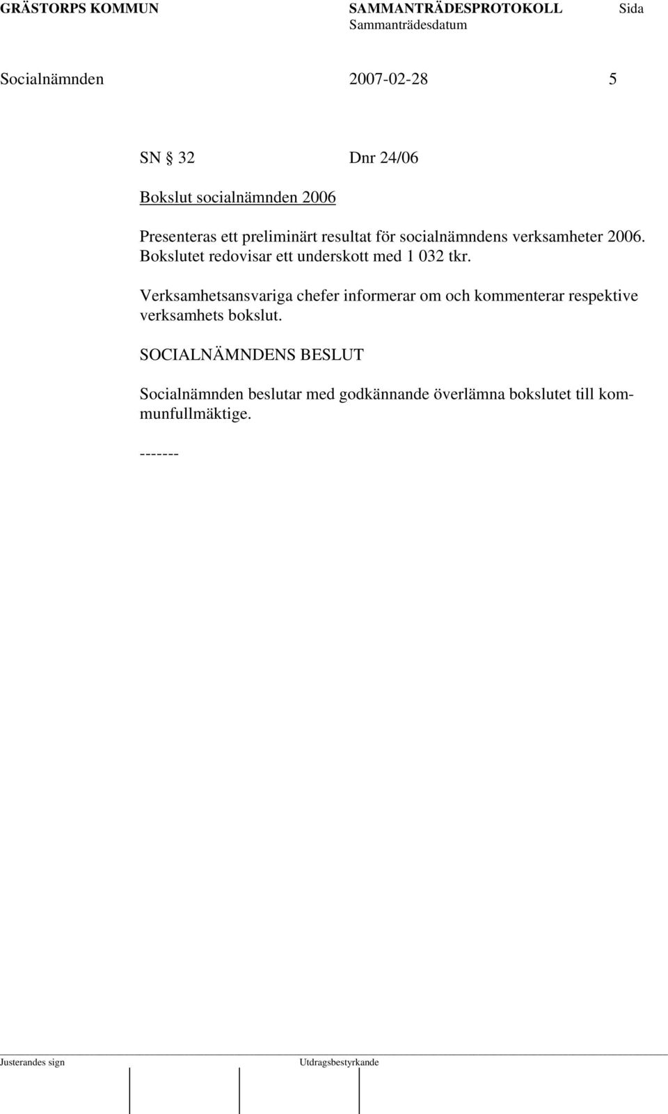 Bokslutet redovisar ett underskott med 1 032 tkr.