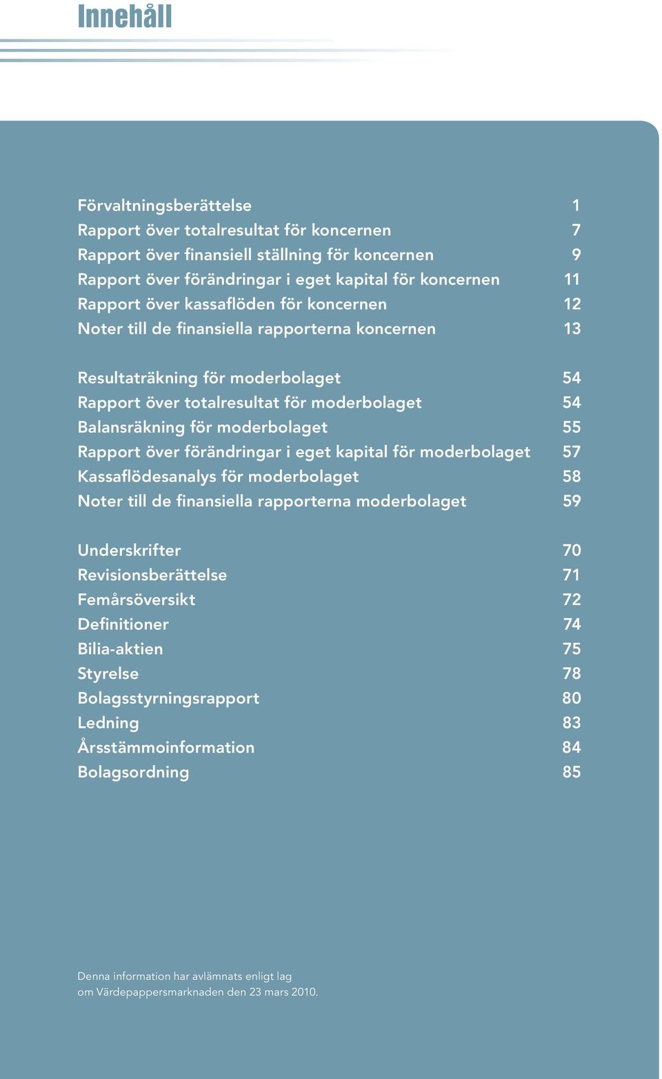 Rapport över förändringar i eget kapital för moderbolaget 57 Kassaflödesanalys för moderbolaget 58 Noter till de finansiella rapporterna moderbolaget 59 Underskrifter 70 Revisionsberättelse 71