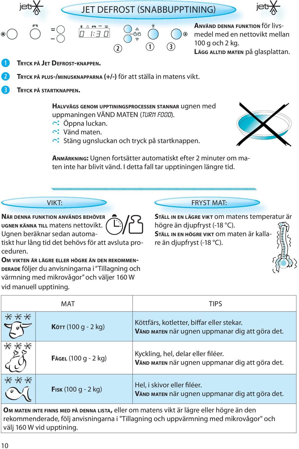 ANVÄND DENNA FUNKTION för livsmedel med en nettovikt mellan 100 g och 2 kg. LÄGG ALLTID MATEN på glasplattan. ANMÄRKNING: Ugnen fortsätter automatiskt efter 2 minuter om maten inte har blivit vänd.