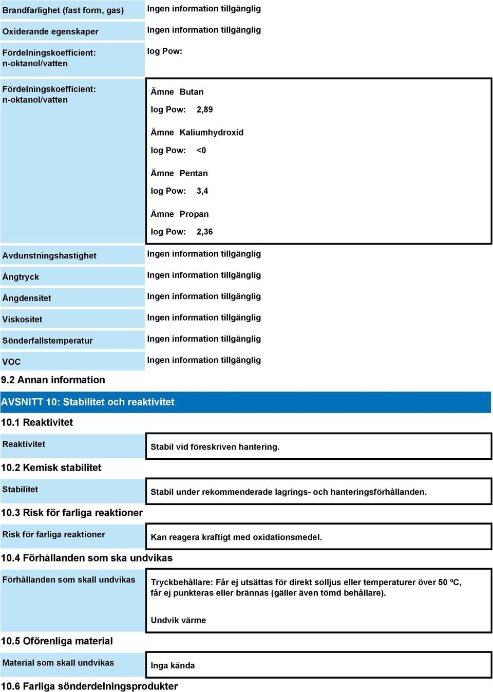 1 Reaktivitet Reaktivitet Stabil vid föreskriven hantering. 10.2 Kemisk stabilitet Stabilitet Stabil under rekommenderade lagrings- och hanteringsförhållanden. 10.3 Risk för farliga reaktioner Risk för farliga reaktioner Kan reagera kraftigt med oxidationsmedel.