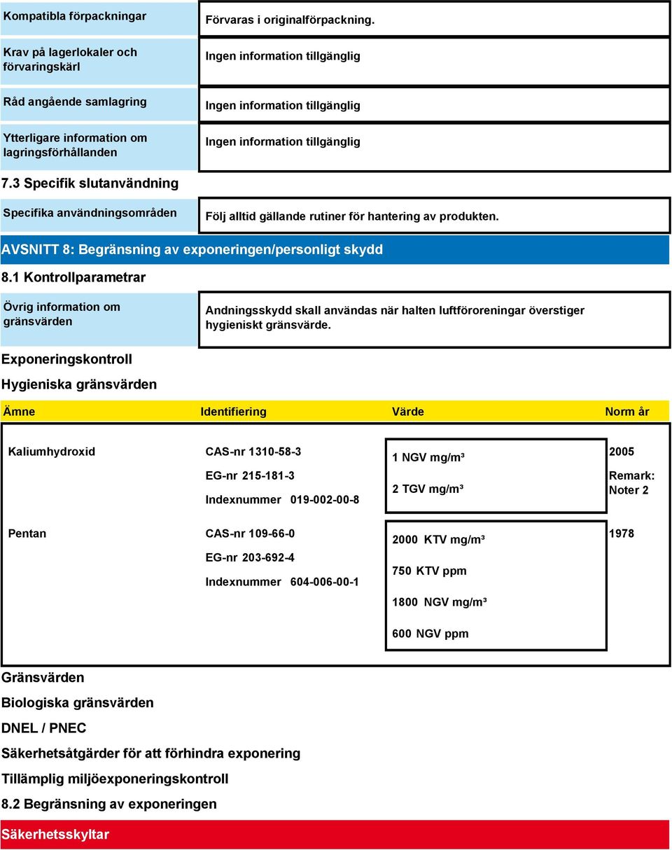 1 Kontrollparametrar Övrig information om gränsvärden Andningsskydd skall användas när halten luftföroreningar överstiger hygieniskt gränsvärde.