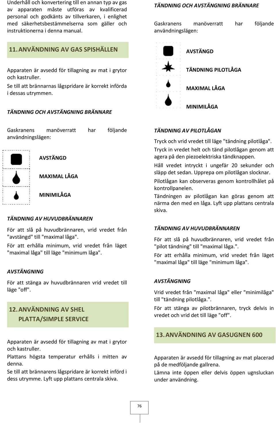 ANVÄNDNING AV GAS SPISHÄLLEN Apparaten är avsedd för tillagning av mat i grytor och kastruller. Se till att brännarnas lågspridare är korrekt införda i dessas utrymmen.