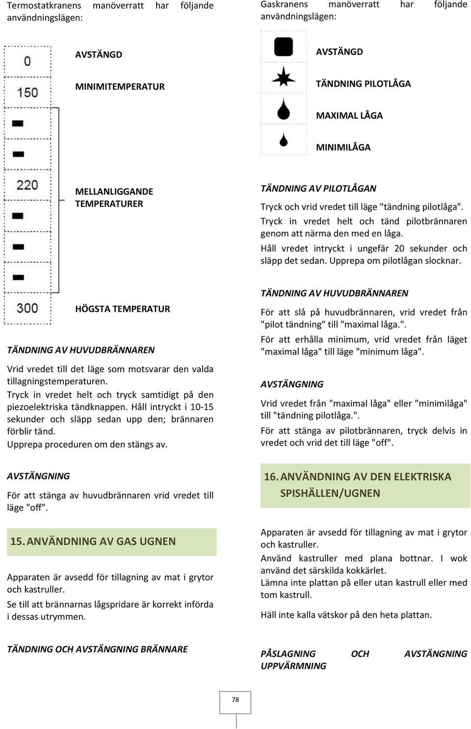 Upprepa om pilotlågan slocknar. HÖGSTA TEMPERATUR TÄNDNING AV HUVUDBRÄNNAREN Vrid vredet till det läge som motsvarar den valda tillagningstemperaturen.