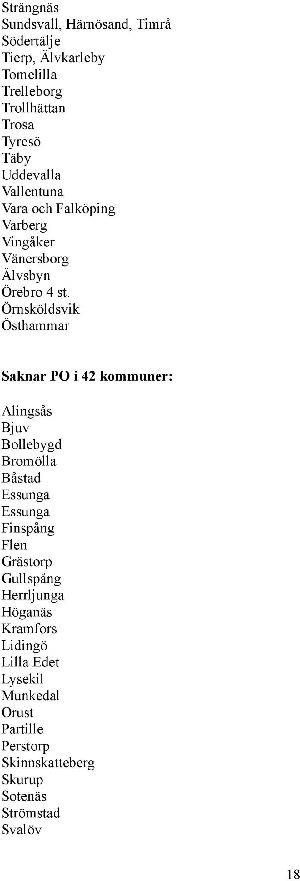 Örnsköldsvik Östhammar Saknar PO i 42 kommuner: Alingsås Bjuv Bollebygd Bromölla Båstad Essunga Essunga Finspång Flen