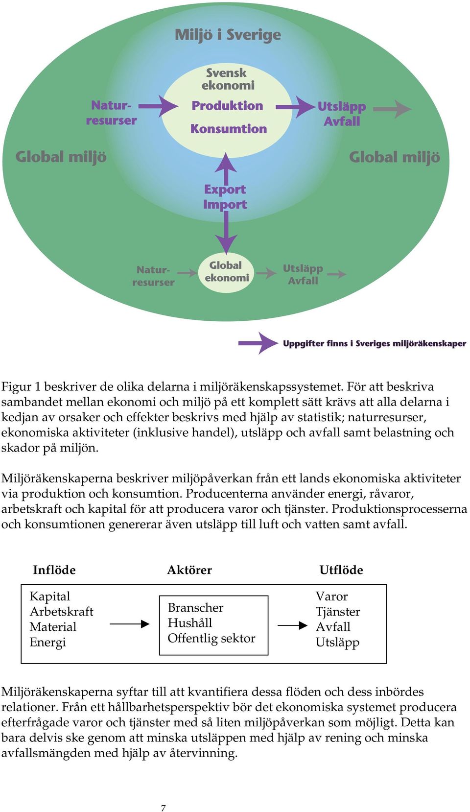 (inklusive handel), utsläpp och avfall samt belastning och skador på miljön. Miljöräkenskaperna beskriver miljöpåverkan från ett lands ekonomiska aktiviteter via produktion och konsumtion.