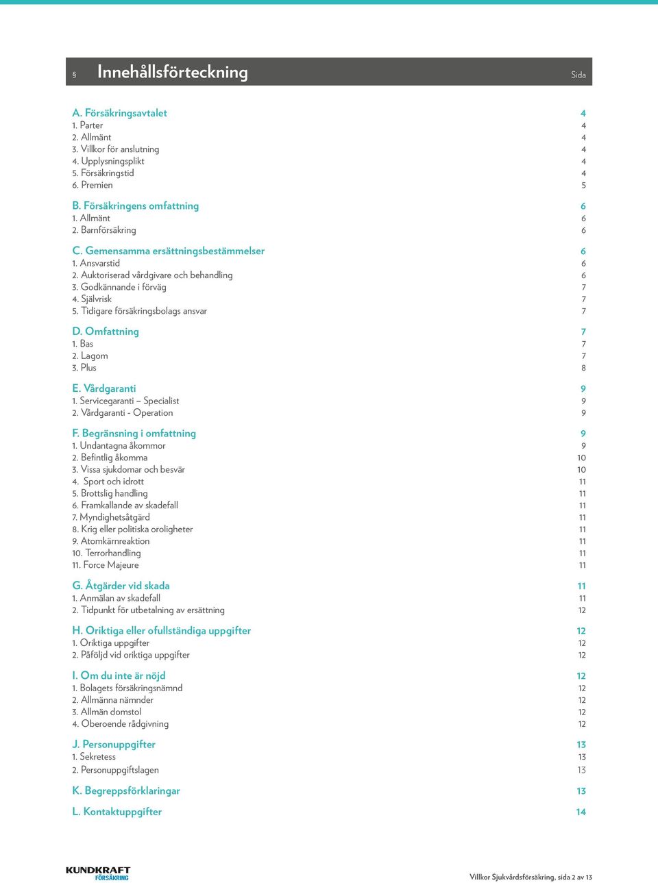 Tidigare försäkringsbolags ansvar 7 D. Omfattning 7 1. Bas 7 2. Lagom 7 3. Plus 8 E. Vårdgaranti 9 1. Servicegaranti Specialist 9 2. Vårdgaranti - Operation 9 F. Begränsning i omfattning 9 1.