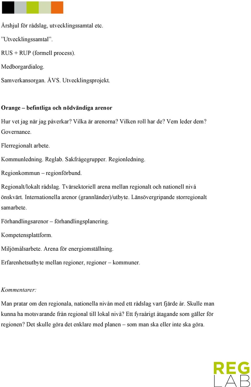 Regionledning. Regionkommun regionförbund. Regionalt/lokalt rådslag. Tvärsektoriell arena mellan regionalt och nationell nivå önskvärt. Internationella arenor (grannländer)/utbyte.