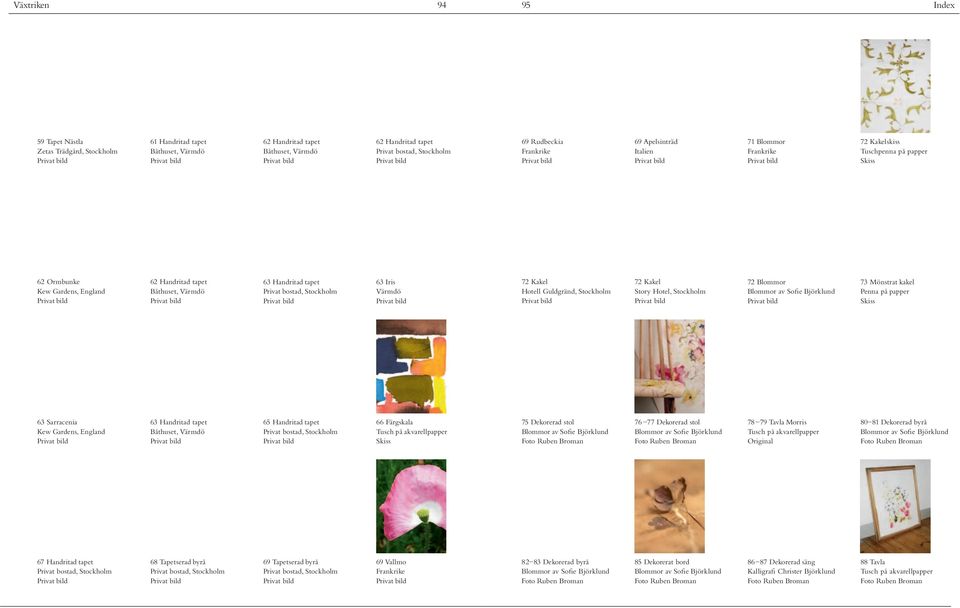 Stockholm 72 Kakel Story Hotel, Stockholm 72 Blommor 73 Mönstrat kakel Penna på papper Skiss 63 Sarracenia Kew Gardens, England 63 Handritad tapet Båthuset, Värmdö 65 Handritad tapet 66 Färgskala