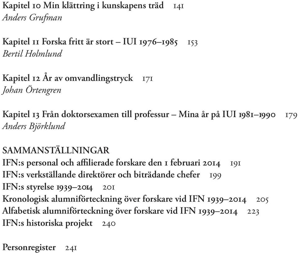 personal och affilierade forskare den 1 februari 2014 191 IFN:s verkställande direktörer och biträdande chefer 199 IFN:s styrelse 1939 2014 201