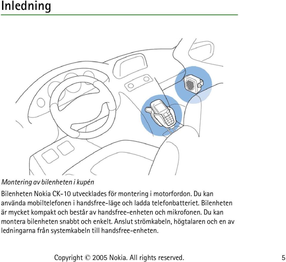 Bilenheten är mycket kompakt och består av handsfree-enheten och mikrofonen.