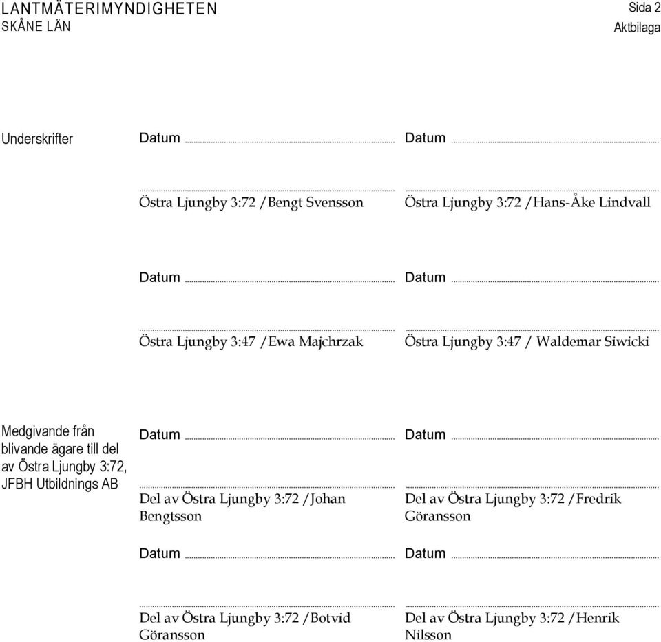 .. Östra Ljungby 3:47 / Waldemar Siwicki Medgivande från blivande ägare till del av Östra Ljungby 3:72, JFBH Utbildnings AB Datum.