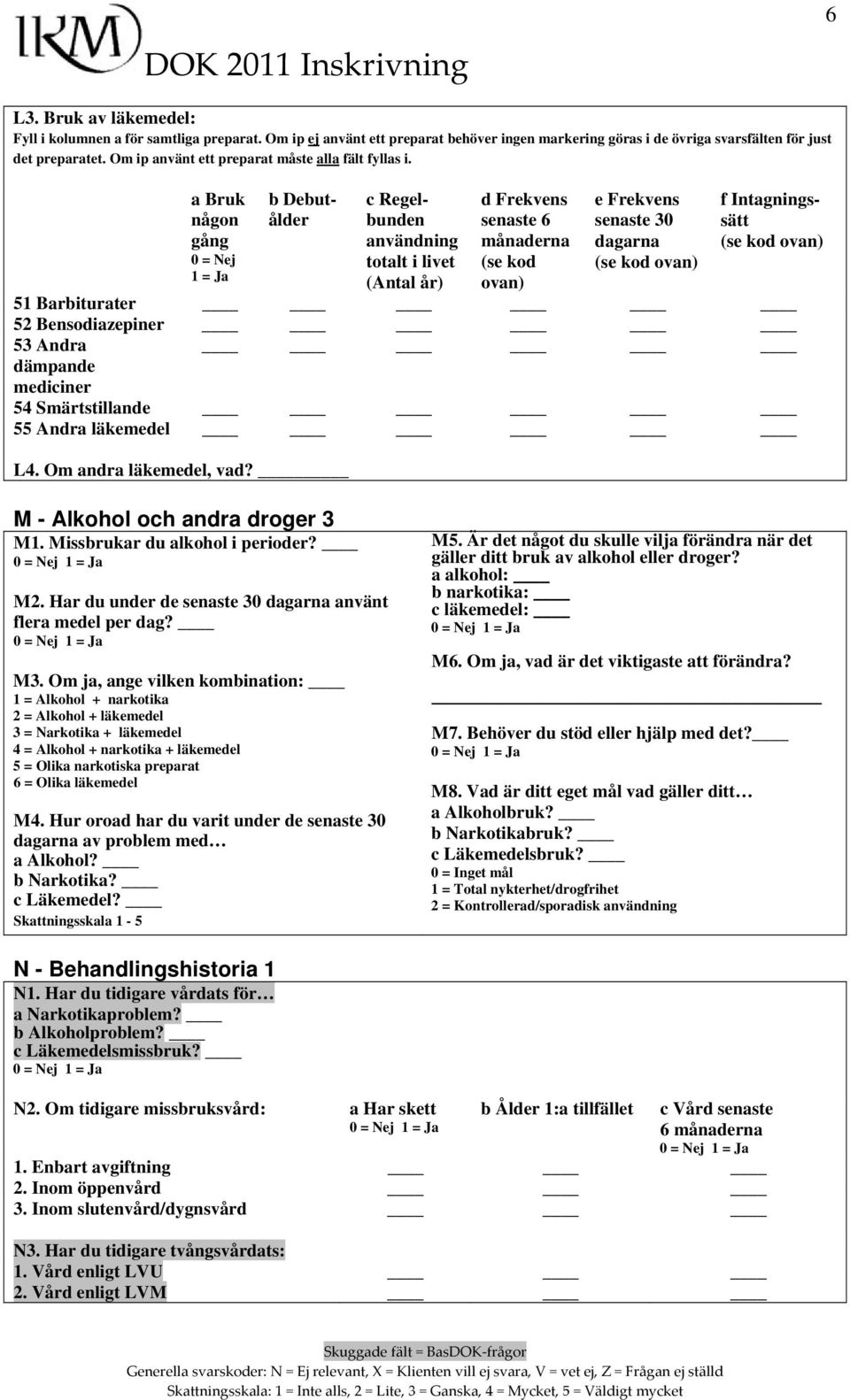 a Bruk någon gång b Debutålder c Regelbunden användning totalt i livet ( år) d Frekvens senaste 6 (se kod ovan) e Frekvens senaste 30 dagarna (se kod ovan) f Intagningssätt (se kod ovan) 51