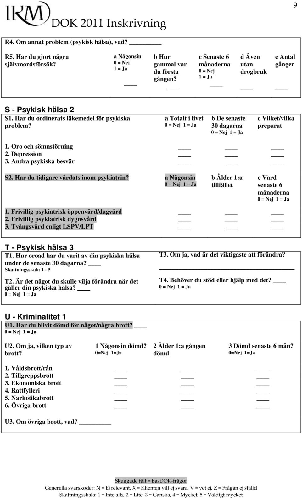 Har du tidigare vårdats inom psykiatrin? a Någonsin b Ålder 1:a tillfället c Vård senaste 6 1. Frivillig psykiatrisk öppenvård/dagvård 2. Frivillig psykiatrisk dygnsvård 3.