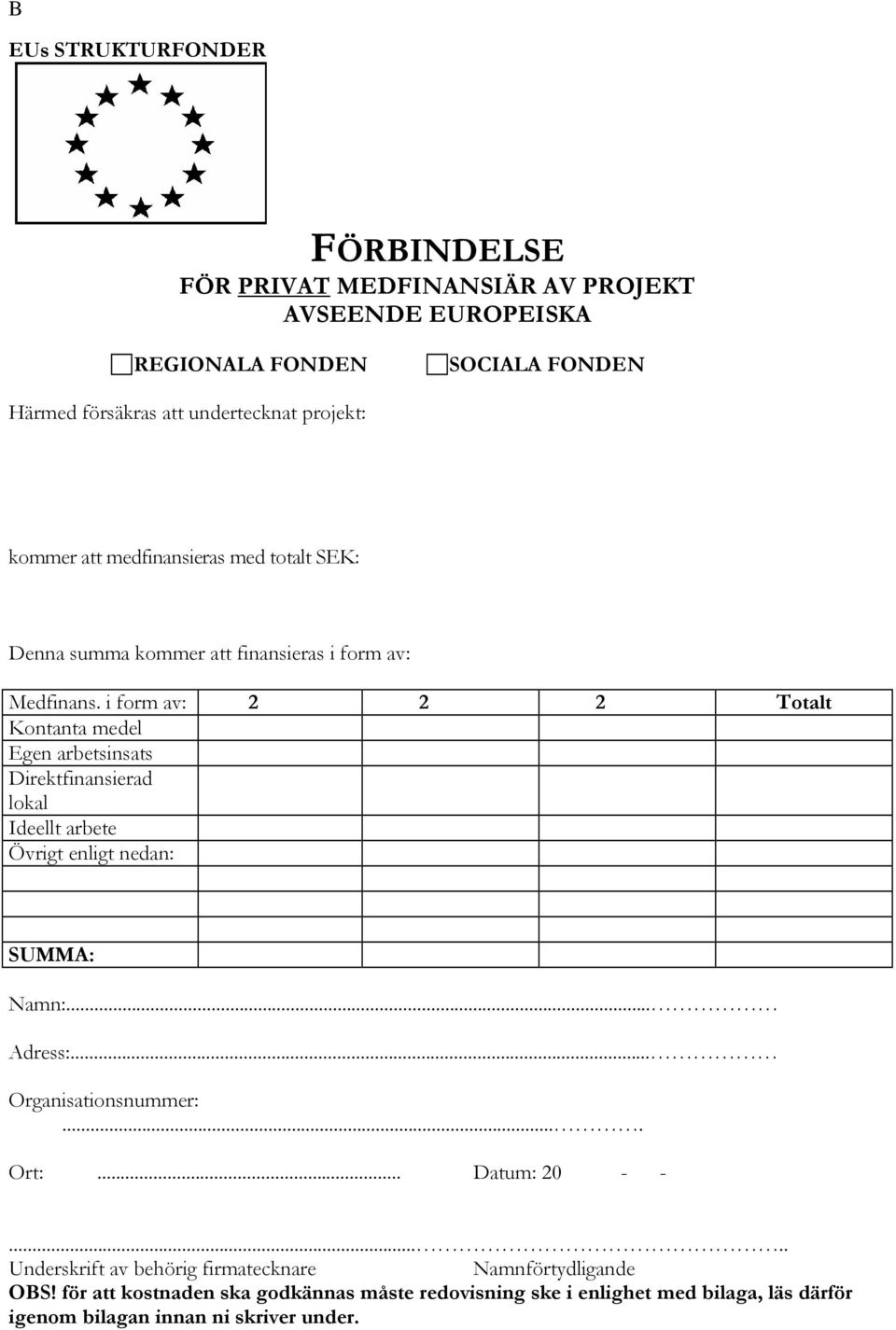 i form av: 2 2 2 Totalt Kontanta medel Egen arbetsinsats Direktfinansierad lokal Ideellt arbete Övrigt enligt nedan: SUMMA: Namn:... Adress:.