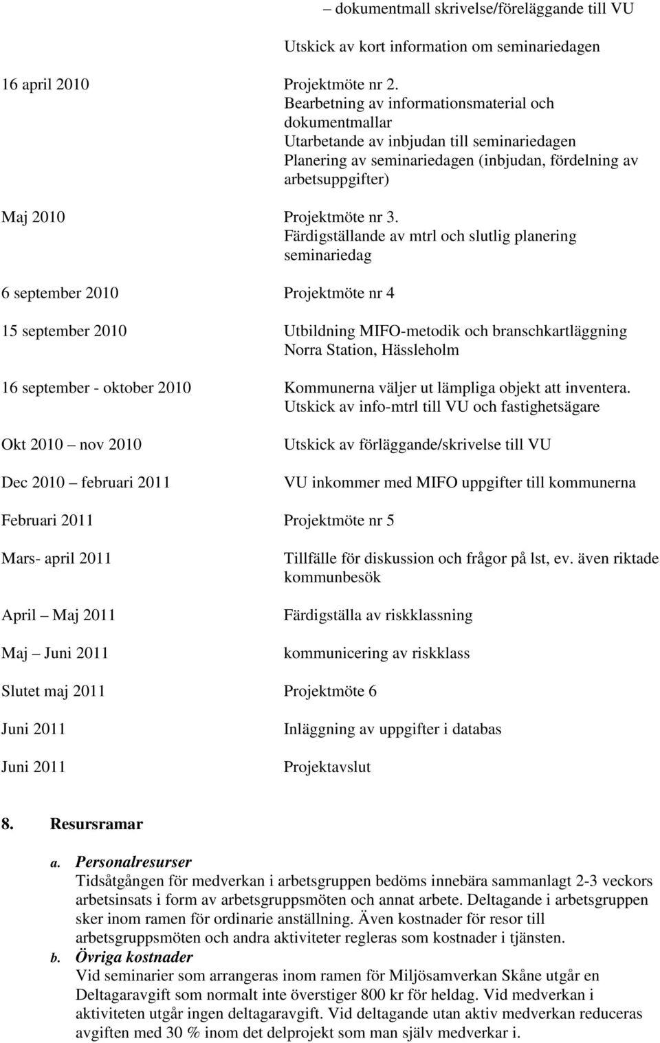 Färdigställande av mtrl och slutlig planering seminariedag 6 september 2010 Projektmöte nr 4 15 september 2010 Utbildning MIFO-metodik och branschkartläggning Norra Station, Hässleholm 16 september -