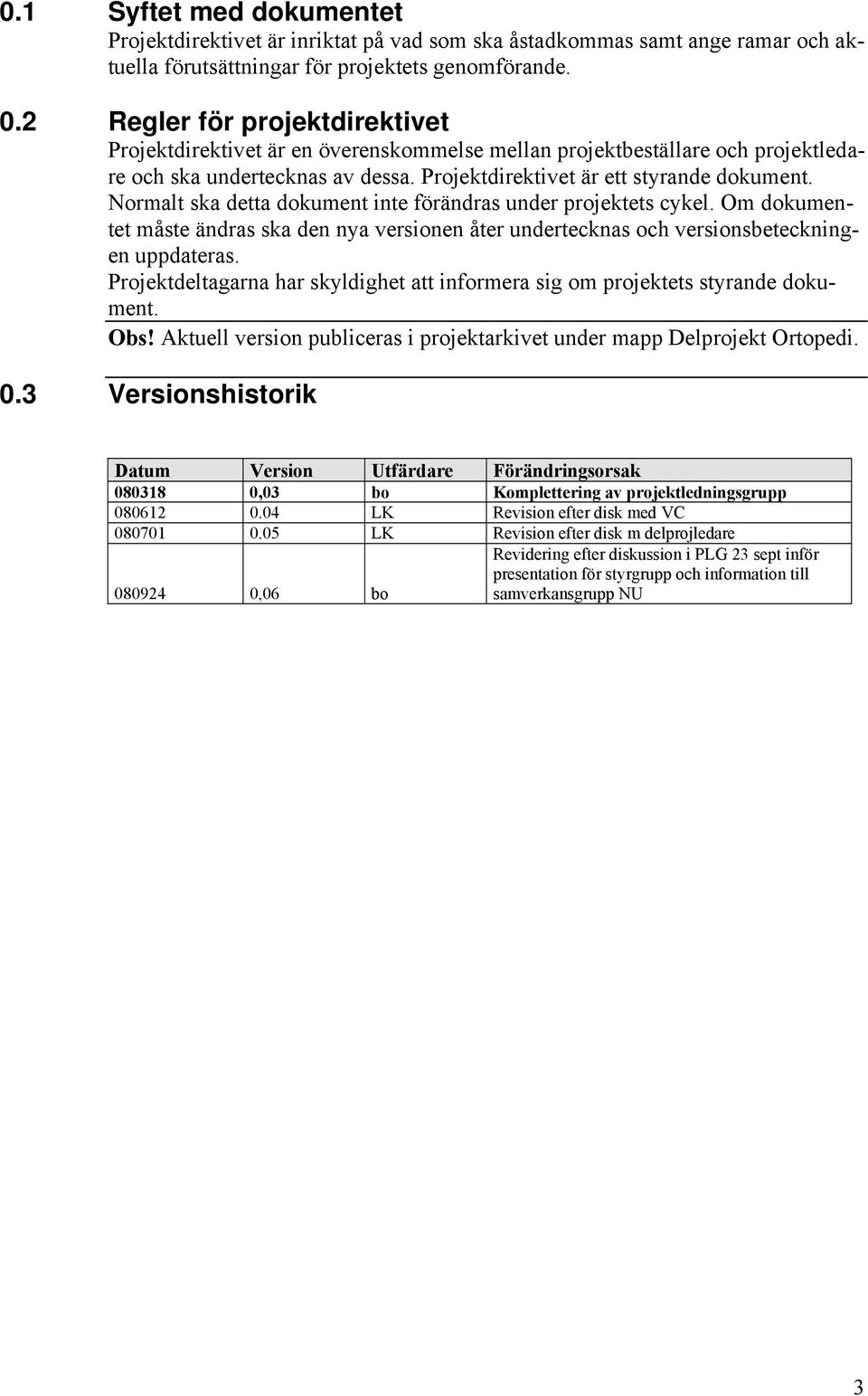 Normalt ska detta dokument inte förändras under projektets cykel. Om dokumentet måste ändras ska den nya versionen åter undertecknas och versionsbeteckningen uppdateras.