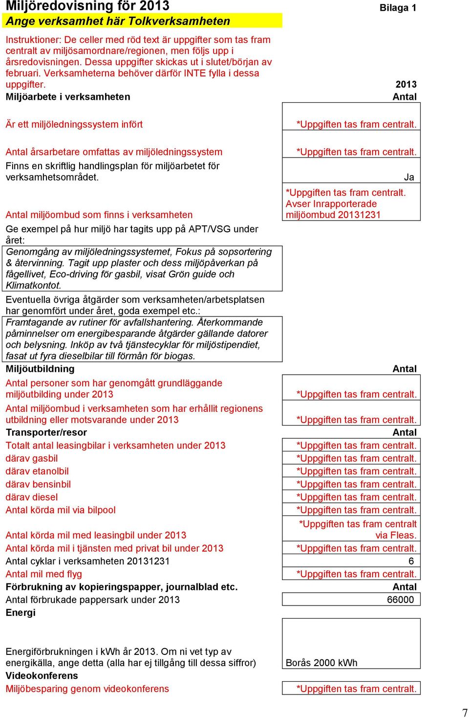 2013 Miljöarbete i verksamheten Antal Är ett miljöledningssystem infört Antal årsarbetare omfattas av miljöledningssystem Finns en skriftlig handlingsplan för miljöarbetet för verksamhetsområdet.