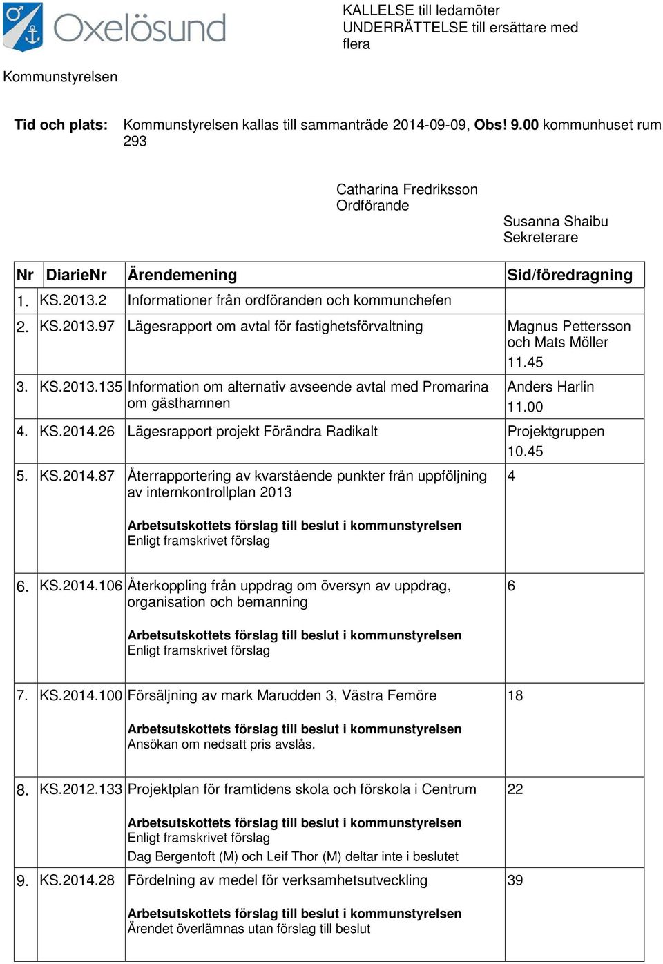 2 Informationer från ordföranden och kommunchefen 2. KS.2013.97 Lägesrapport om avtal för fastighetsförvaltning Magnus Pettersson och Mats Möller 11.45 3. KS.2013.135 Information om alternativ avseende avtal med Promarina om gästhamnen Anders Harlin 11.