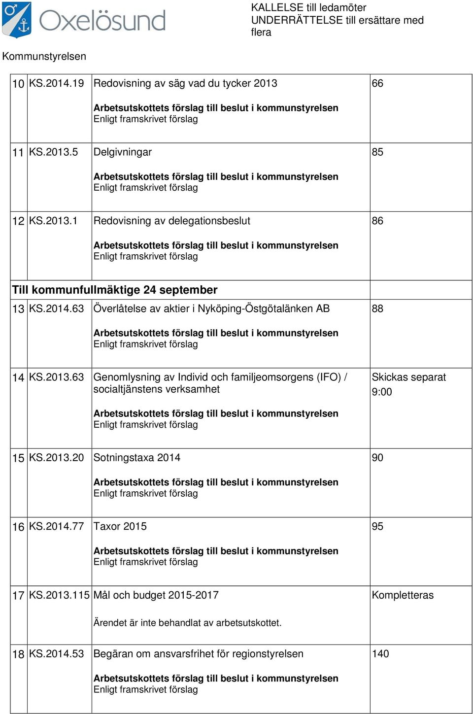 2013.1 Redovisning av delegationsbeslut 86 Arbetsutskottets förslag till beslut i kommunstyrelsen Enligt framskrivet förslag Till kommunfullmäktige 24 september 13 KS.2014.