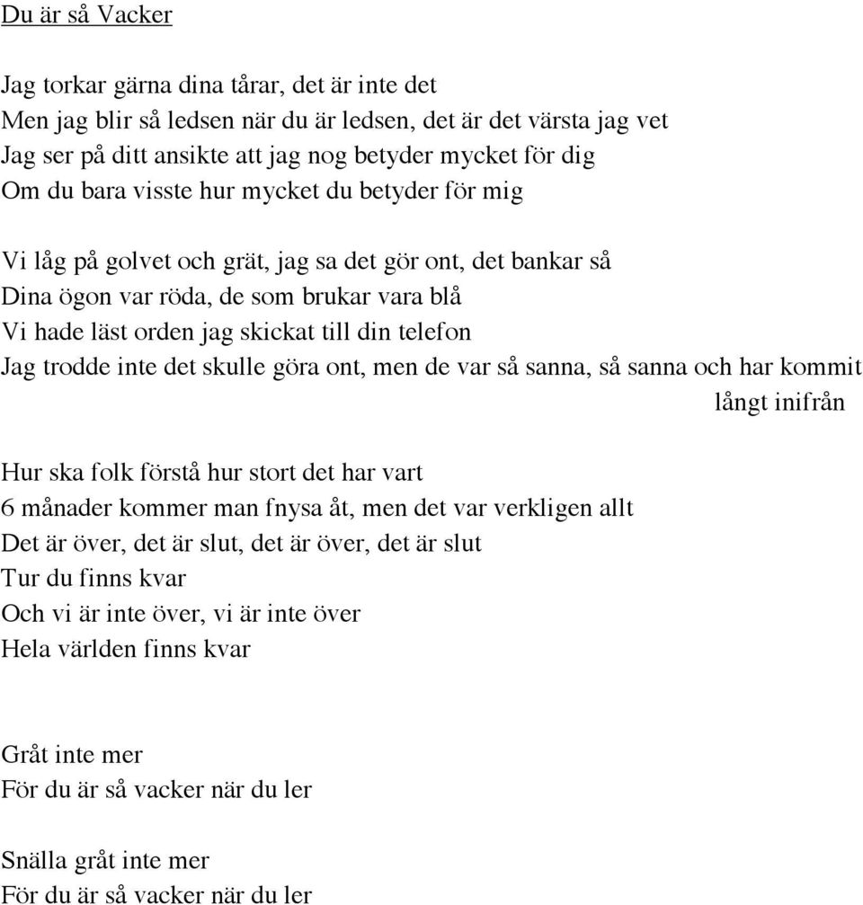 inte det skulle göra ont, men de var så sanna, så sanna och har kommit långt inifrån Hur ska folk förstå hur stort det har vart 6 månader kommer man fnysa åt, men det var verkligen allt Det är över,