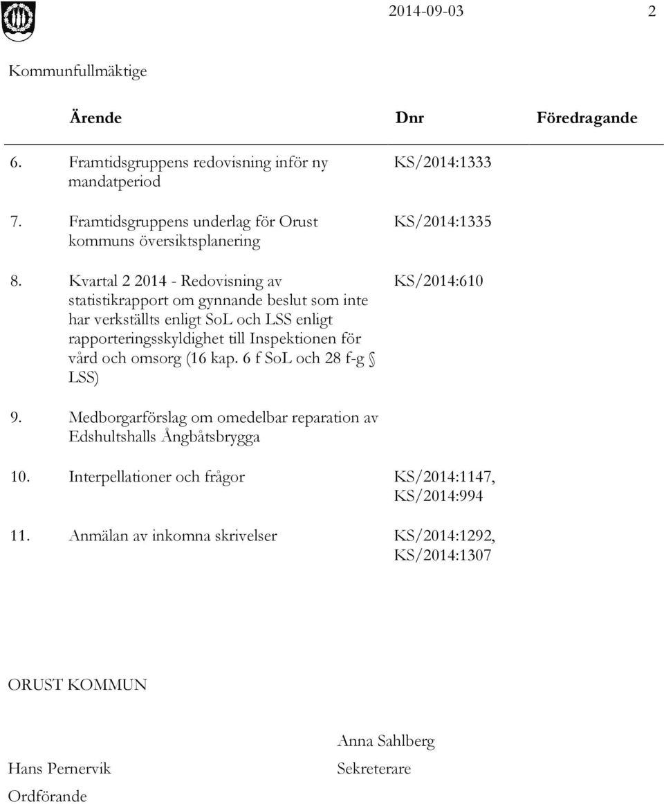 vård och omsorg (16 kap. 6 f SoL och 28 f-g LSS) KS/2014:1333 KS/2014:1335 KS/2014:610 9. Medborgarförslag om omedelbar reparation av Edshultshalls Ångbåtsbrygga 10.