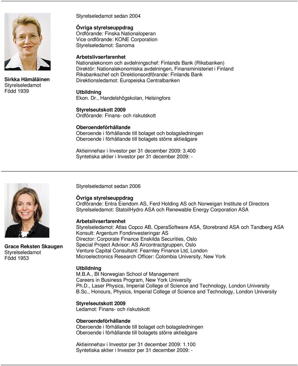 , Handelshögskolan, Helsingfors Ordförande: Finans- och riskutskott Aktieinnehav i Investor per 31 december 2009: 3.