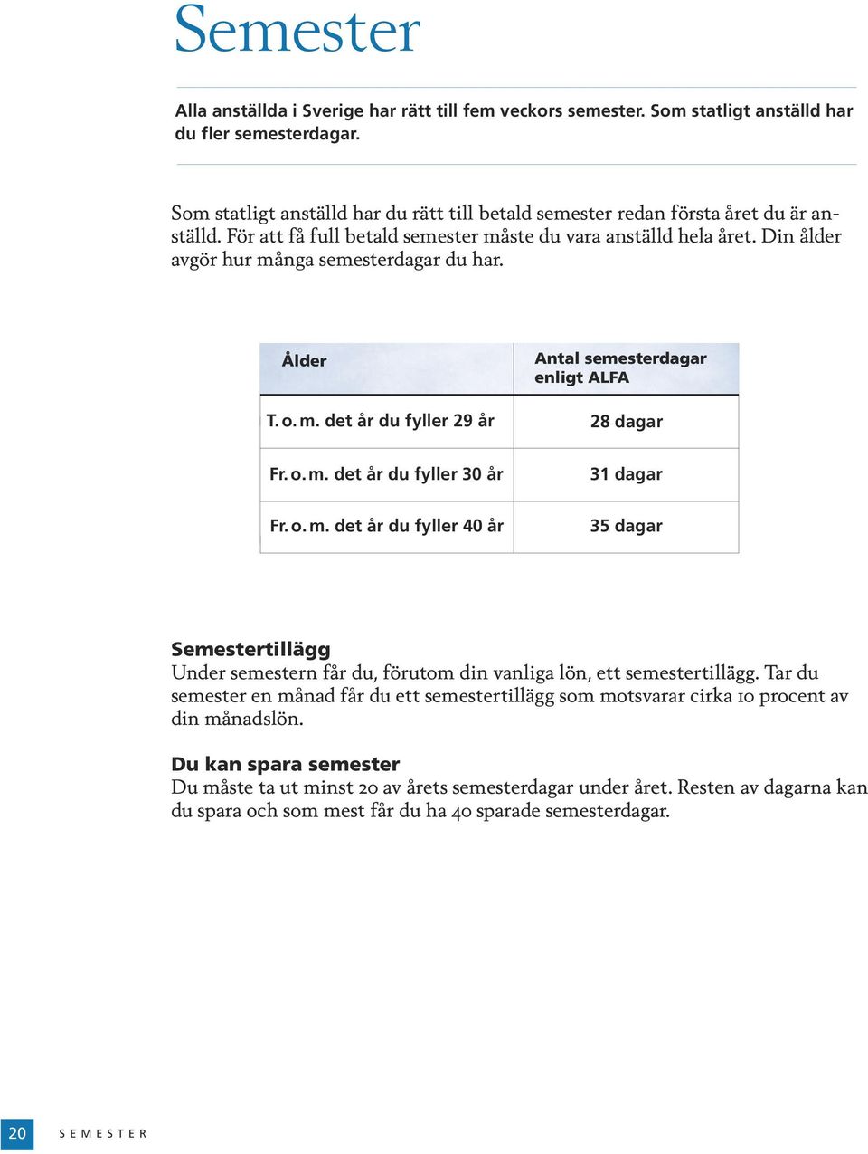 Din ålder avgör hur många semesterdagar du har. Ålder T. o. m. det år du fyller 29 år Antal semesterdagar enligt ALFA 28 dagar Fr. o. m. det år du fyller 30 år Fr. o. m. det år du fyller 40 år 31 dagar 35 dagar Semestertillägg Under semestern får du, förutom din vanliga lön, ett semestertillägg.