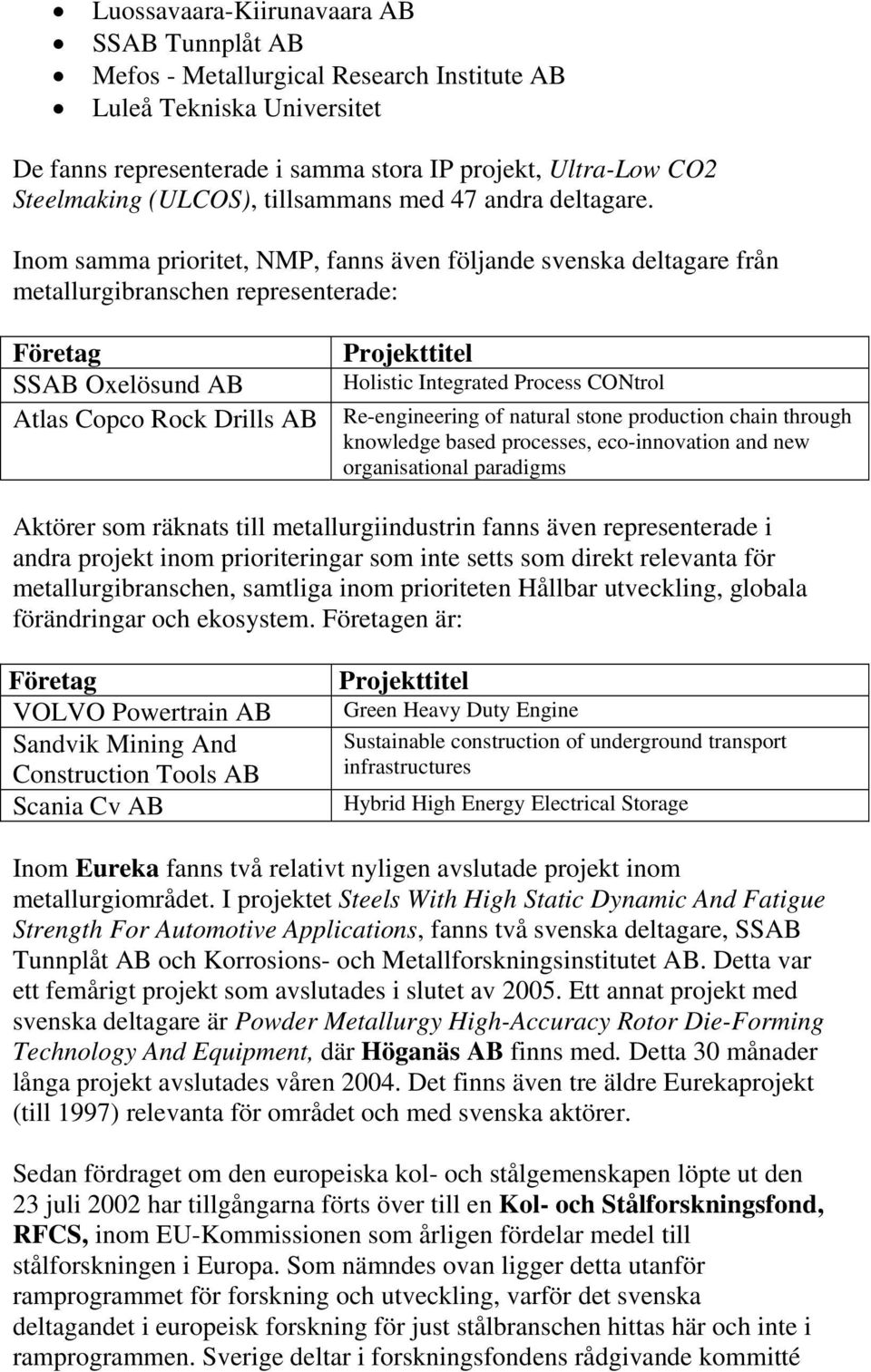 Inom samma prioritet, NMP, fanns även följande svenska deltagare från metallurgibranschen representerade: Företag SSAB Oxelösund AB Atlas Copco Rock Drills AB Projekttitel Holistic Integrated Process