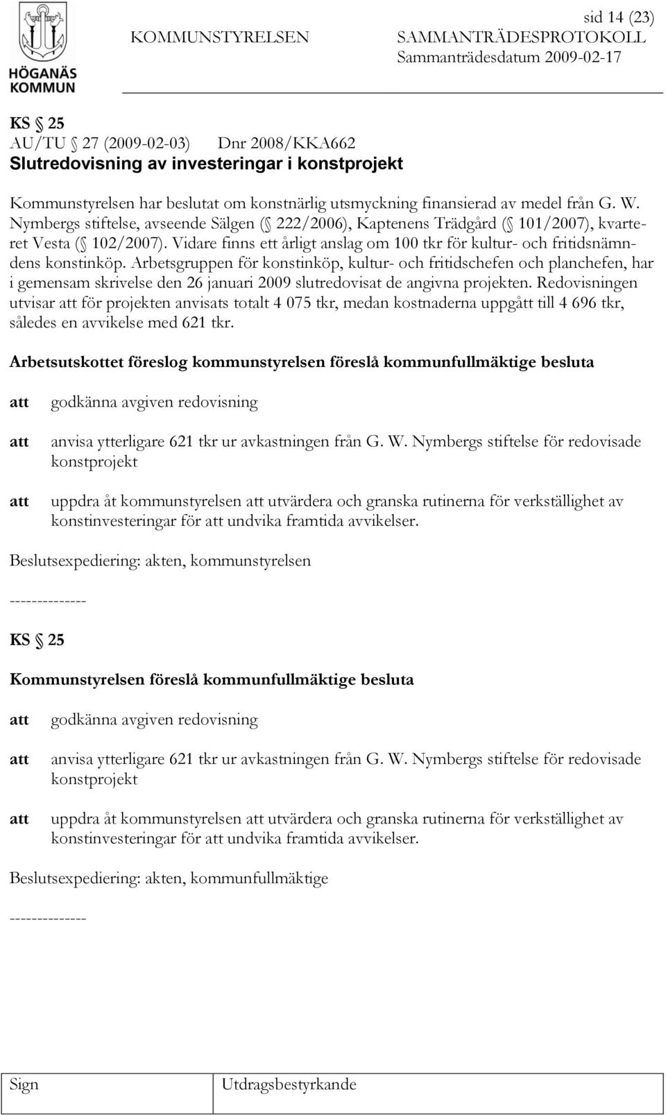 Arbetsgruppen för konstinköp, kultur- och fritidschefen och planchefen, har i gemensam skrivelse den 26 januari 2009 slutredovisat de angivna projekten.