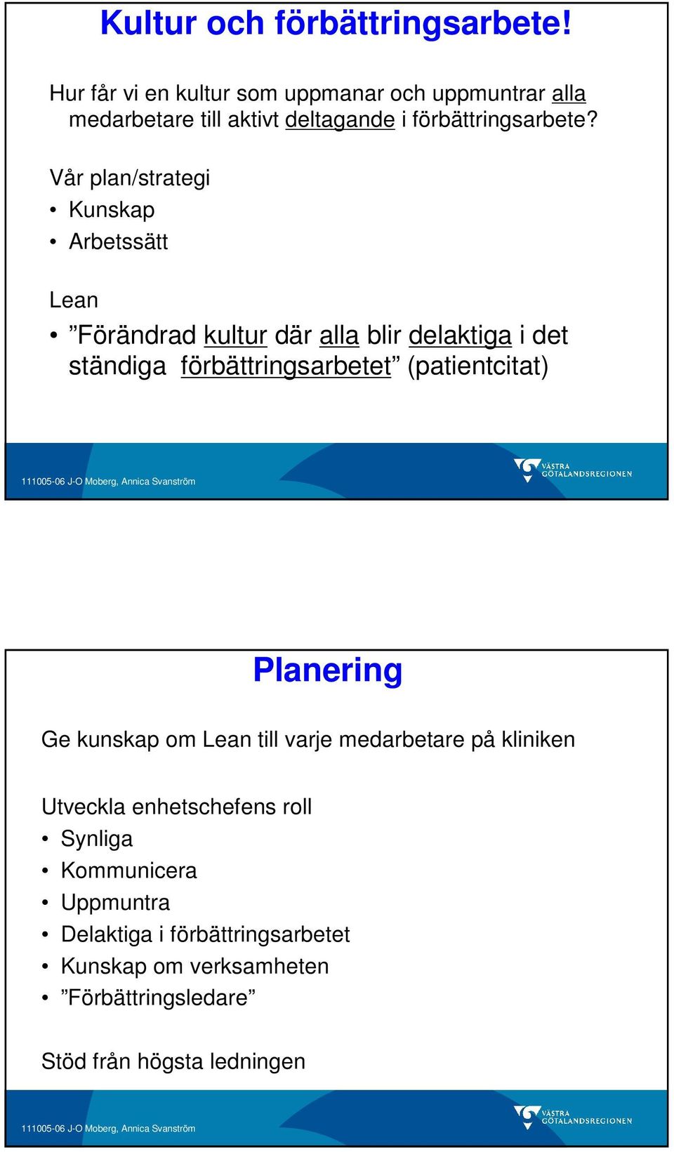Vår plan/strategi Kunskap Arbetssätt Lean Förändrad kultur där alla blir delaktiga i det ständiga förbättringsarbetet