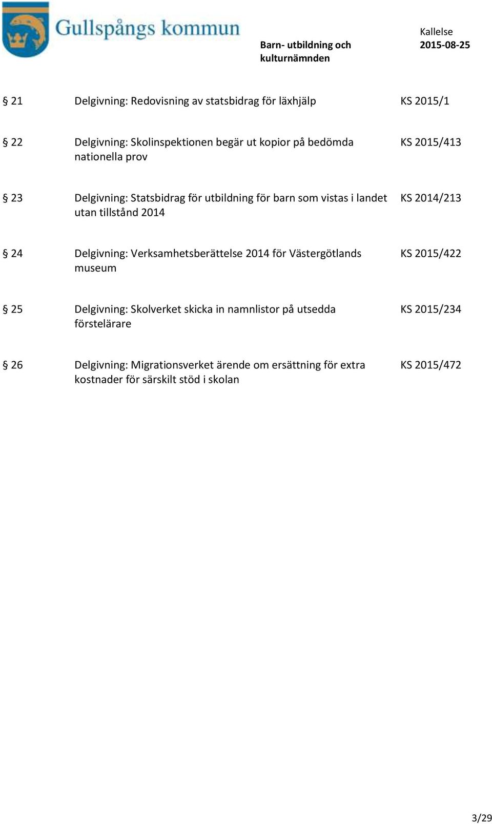 Delgivning: Verksamhetsberättelse 2014 för Västergötlands museum KS 2015/422 25 Delgivning: Skolverket skicka in namnlistor på