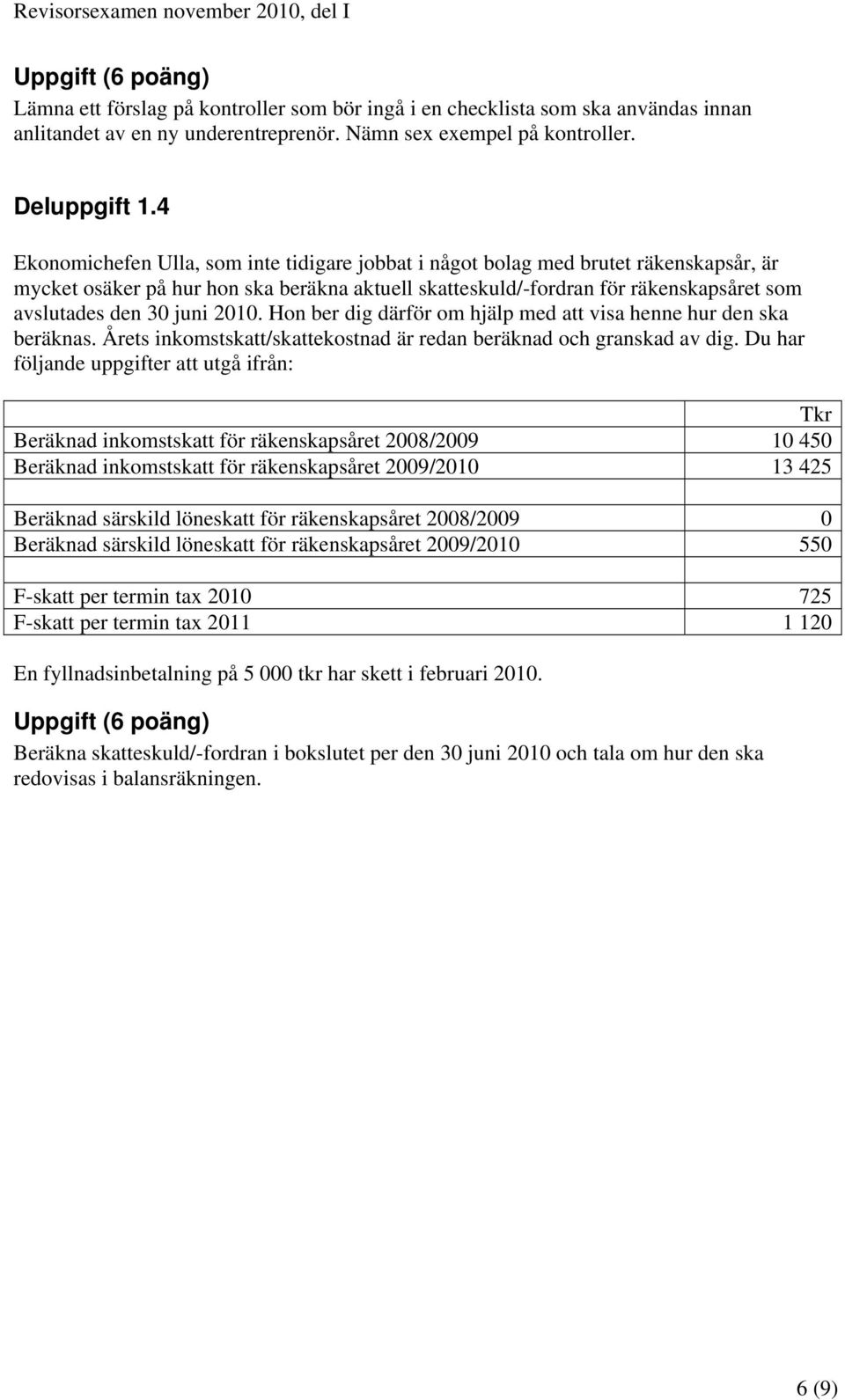 juni 2010. Hon ber dig därför om hjälp med att visa henne hur den ska beräknas. Årets inkomstskatt/skattekostnad är redan beräknad och granskad av dig.