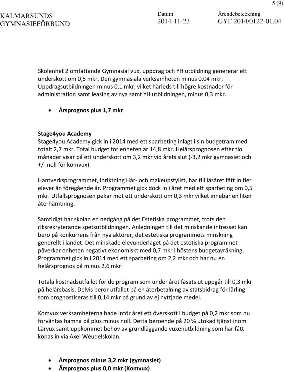 Årsprognos plus 1,7 mkr Stage4you Academy Stage4you Academy gick in i 2014 med ett sparbeting inlagt i sin budgetram med totalt 2,7 mkr. Total budget för enheten är 14,8 mkr.