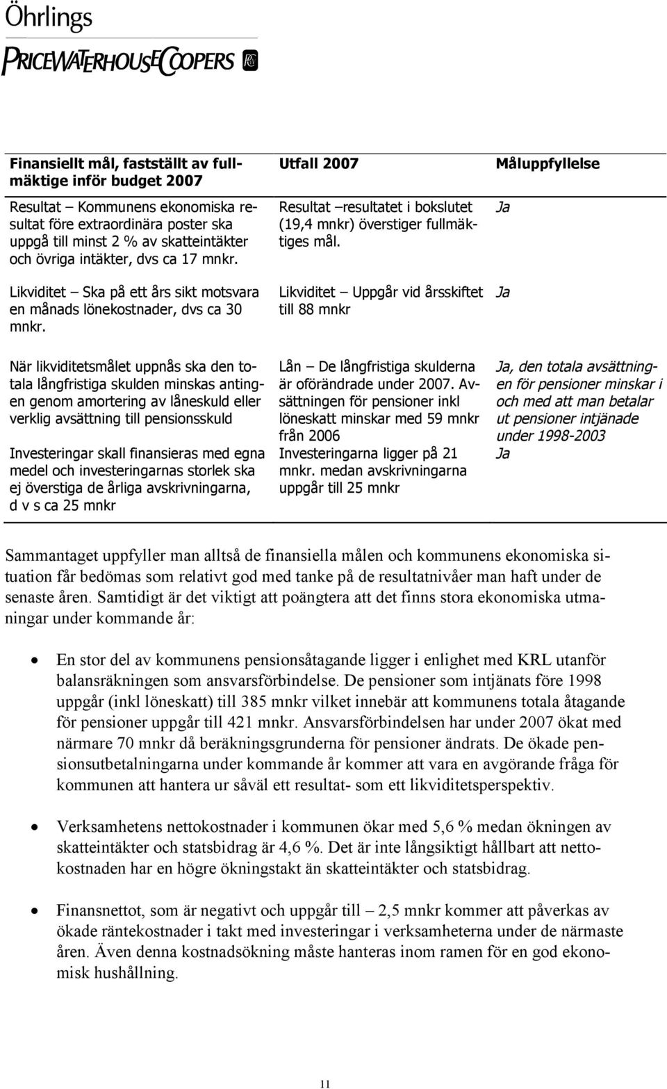 Likviditet Uppgår vid årsskiftet till 88 mnkr Måluppfyllelse Ja Ja När likviditetsmålet uppnås ska den totala långfristiga skulden minskas antingen genom amortering av låneskuld eller verklig