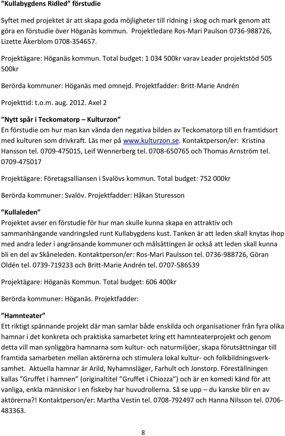 Total budget: 1 034 500kr varav Leader projektstöd 505 500kr Berörda kommuner: Höganäs med omnejd. Projektfadder: Britt-Marie Andrén Projekttid: t.o.m. aug. 2012.