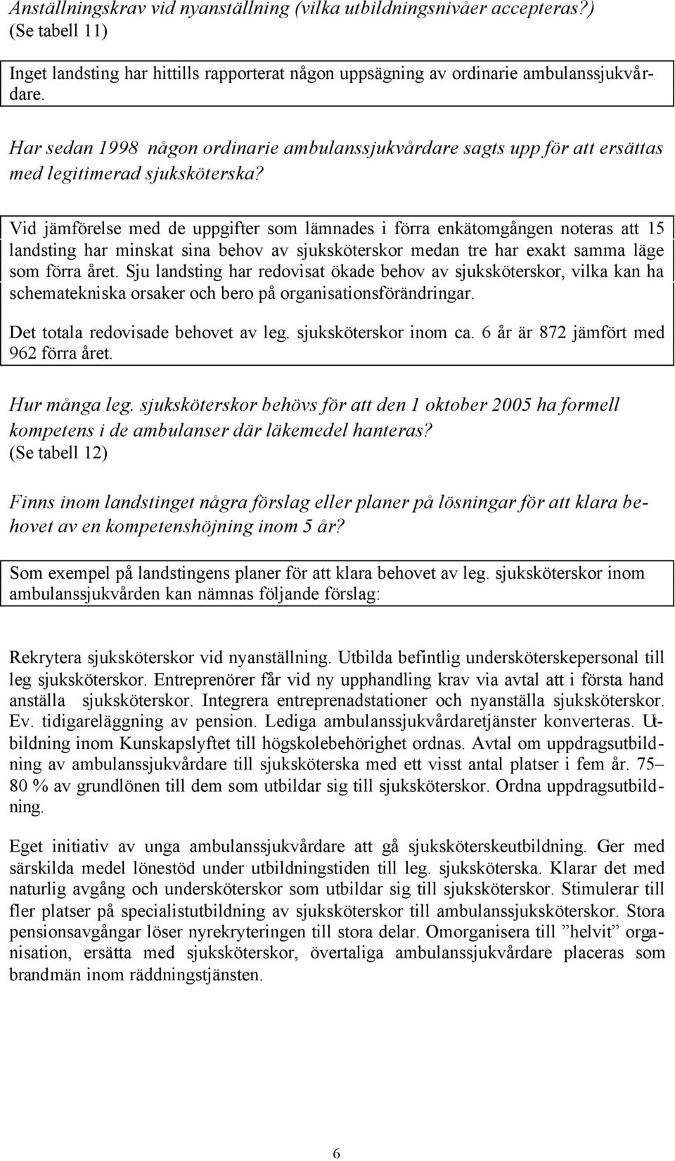 Vid jämförelse med de uppgifter som lämnades i förra enkätomgången noteras att 15 landsting har minskat sina behov av sjuksköterskor medan tre har exakt samma läge som förra året.