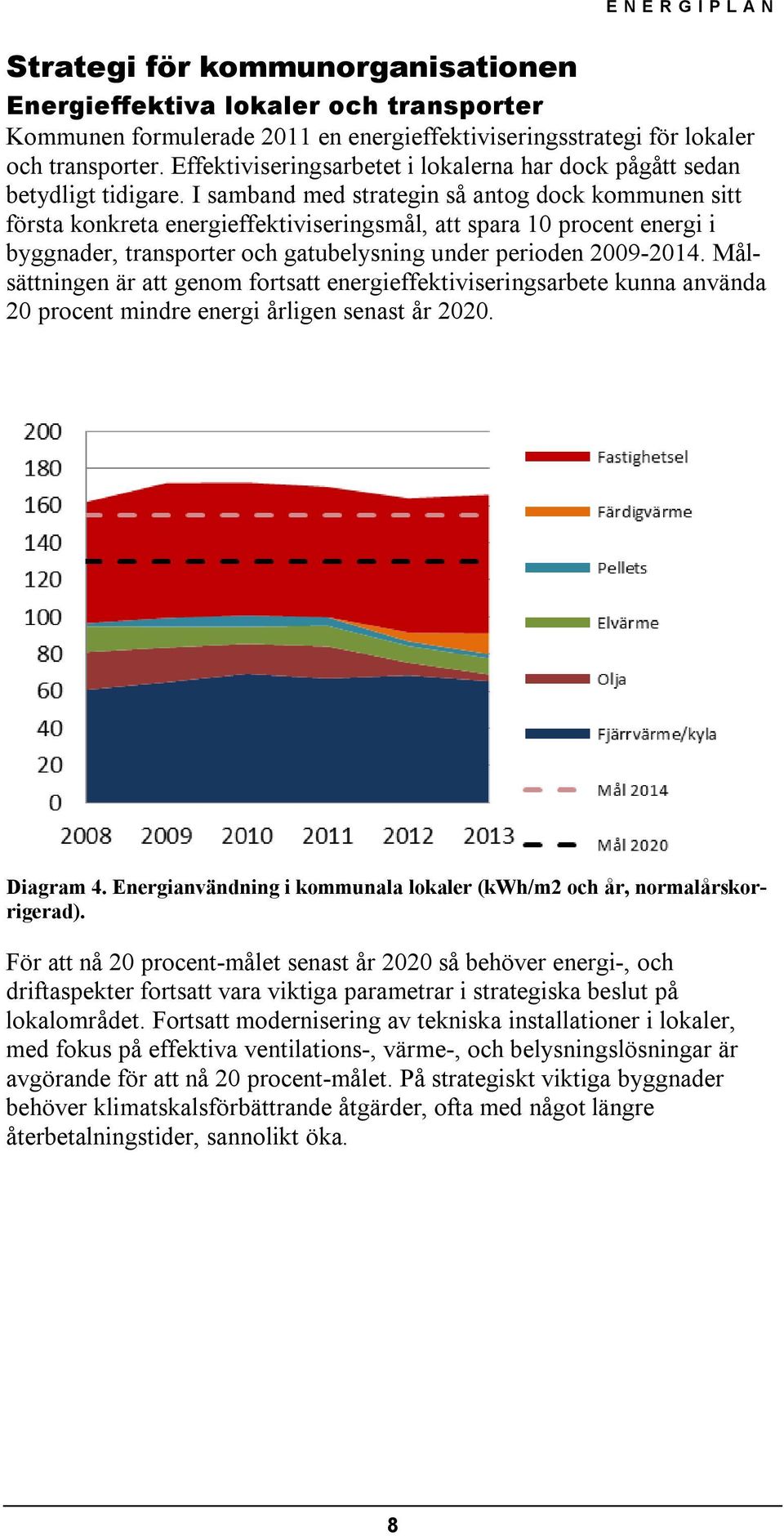 I samband med strategin så antog dock kommunen sitt första konkreta energieffektiviseringsmål, att spara 10 procent energi i byggnader, transporter och gatubelysning under perioden 2009-2014.