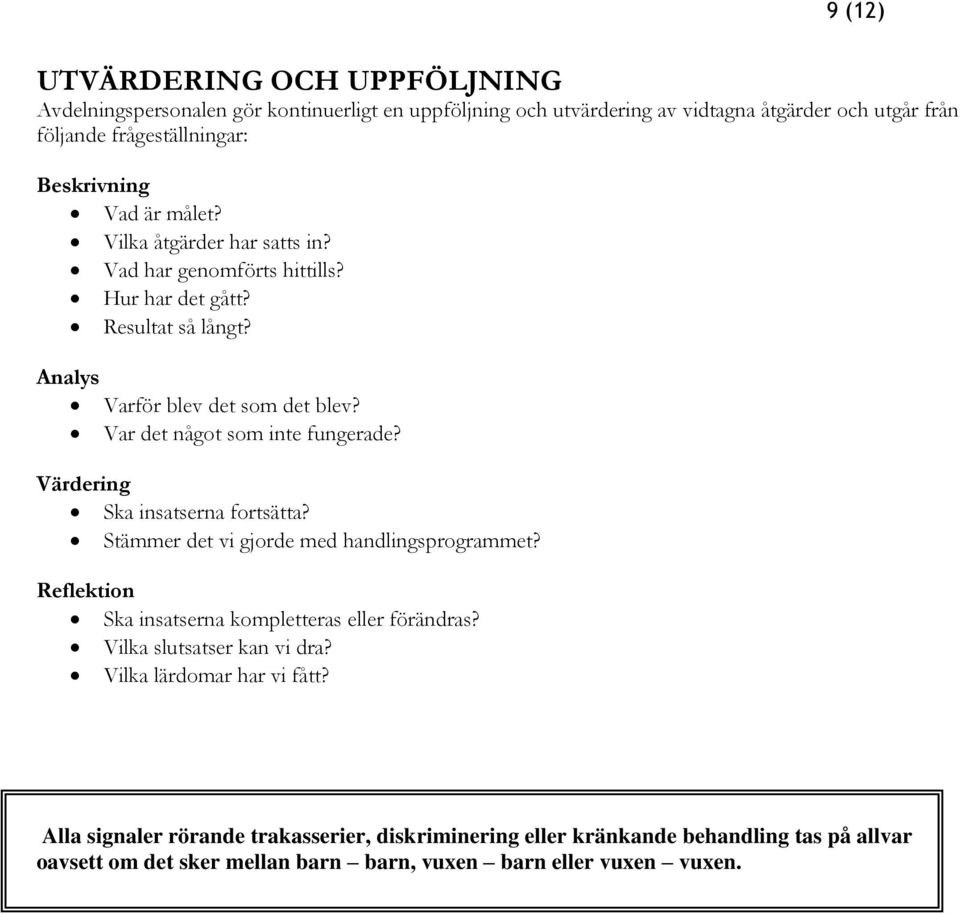 Var det något som inte fungerade? Värdering Ska insatserna fortsätta? Stämmer det vi gjorde med handlingsprogrammet? Reflektion Ska insatserna kompletteras eller förändras?