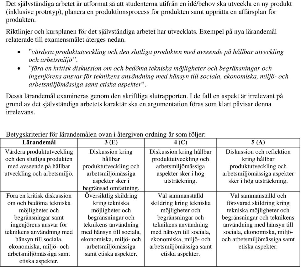 värdera produktutveckling och den slutliga produkten med avseende på hållbar utveckling och arbetsmiljö.