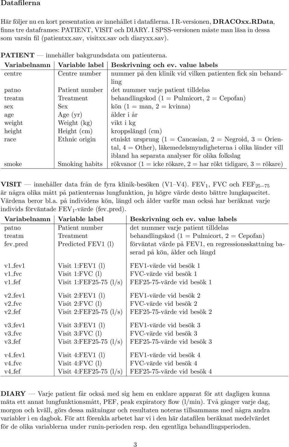 value labels centre Centre number nummer på den klinik vid vilken patienten fick sin behandling patno Patient number det nummer varje patient tilldelas treatm Treatment behandlingskod (1 = Pulmicort,