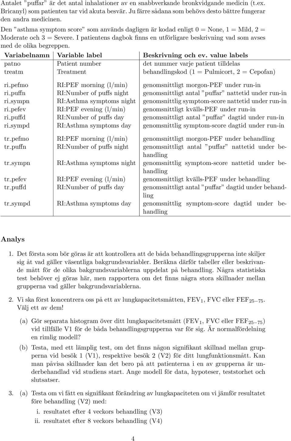 I patientens dagbok finns en utförligare beskrivning vad som avses med de olika begreppen. Variabelnamn Variable label Beskrivning och ev.