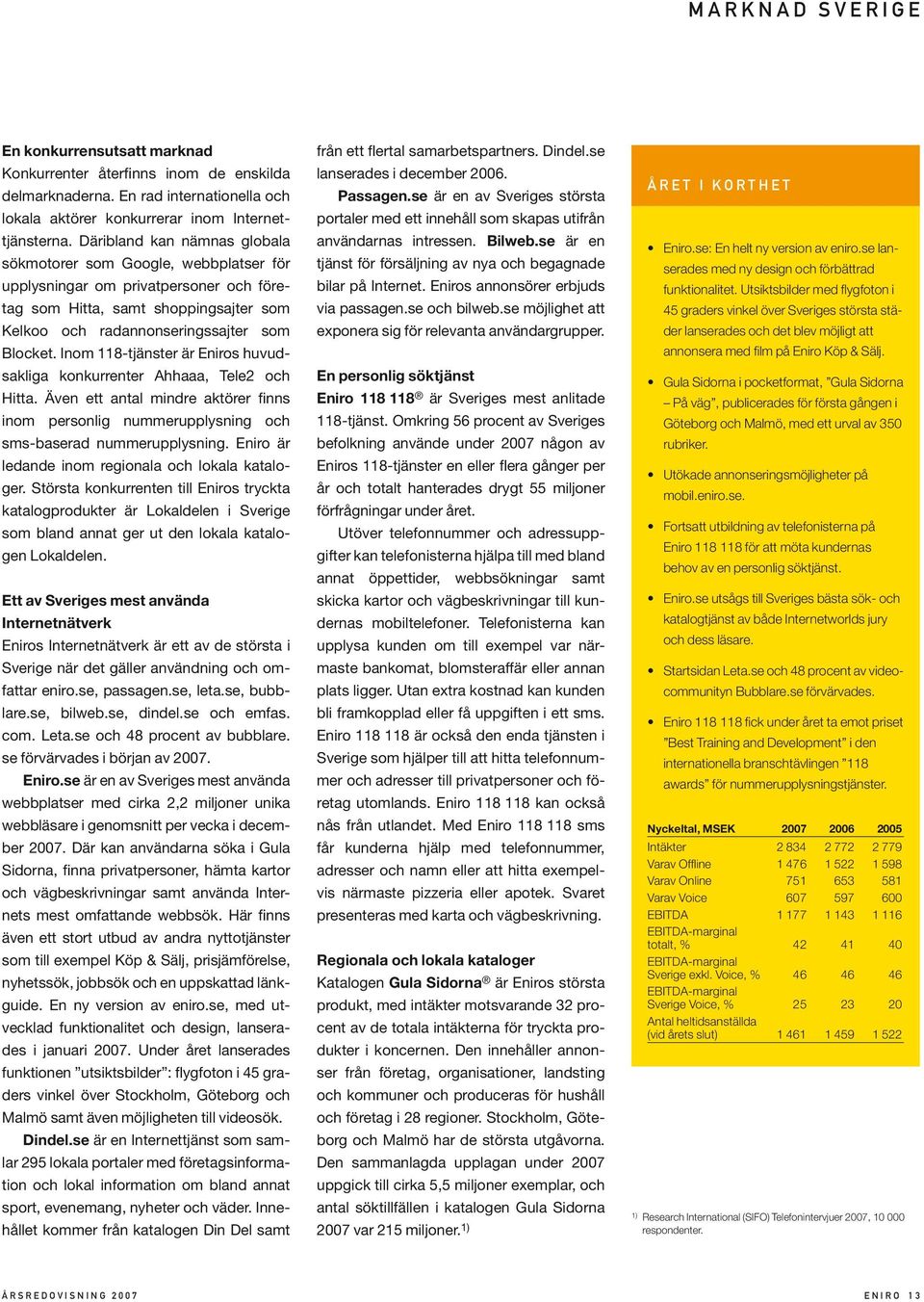 Inom 118-tjänster är Eniros huvudsakliga konkurrenter Ahhaaa, Tele2 och Hitta. Även ett antal mindre aktörer finns inom personlig nummerupplysning och sms-baserad nummerupplysning.