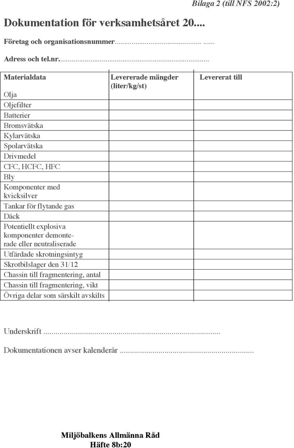 Drivmedel CFC, HCFC, HFC Bly Komponenter med kvicksilver Tankar för flytande gas Däck Potentiellt explosiva komponenter demonterade eller neutraliserade