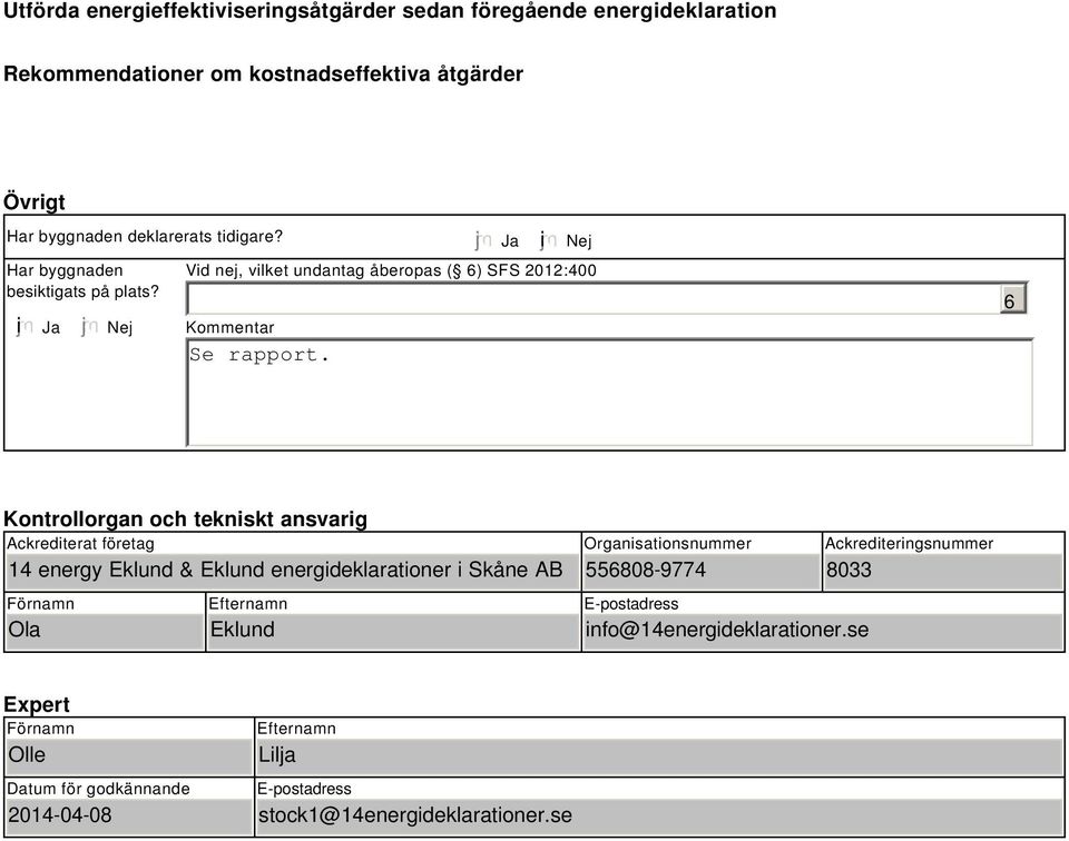 Ja i Nej Vid nej, vilket undantag åberopas ( 6) SFS 2012:400 Kommentar 6 Kontrollorgan och tekniskt ansvarig Ackrediterat företag 14 energy Eklund & Eklund