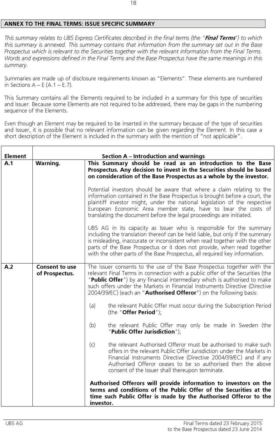 Words and expressions defined in the Final Terms and the Base Prospectus have the same meanings in this summary. Summaries are made up of disclosure requirements known as Elements.