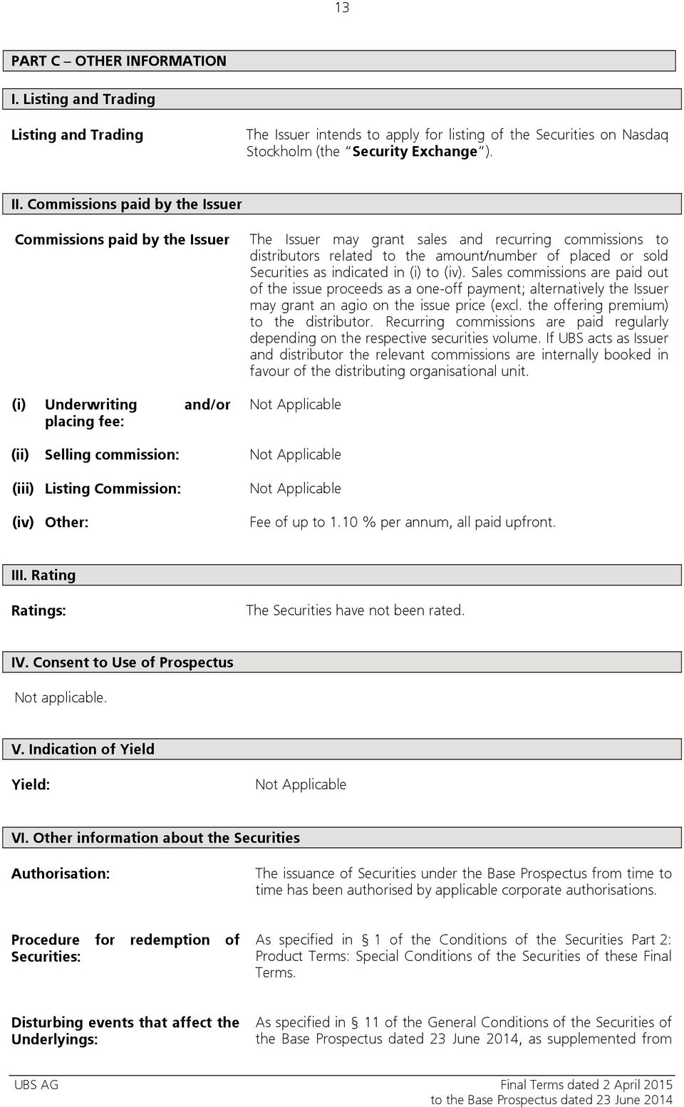 placed or sold Securities as indicated in (i) to (iv). Sales commissions are paid out of the issue proceeds as a one-off payment; alternatively the Issuer may grant an agio on the issue price (excl.