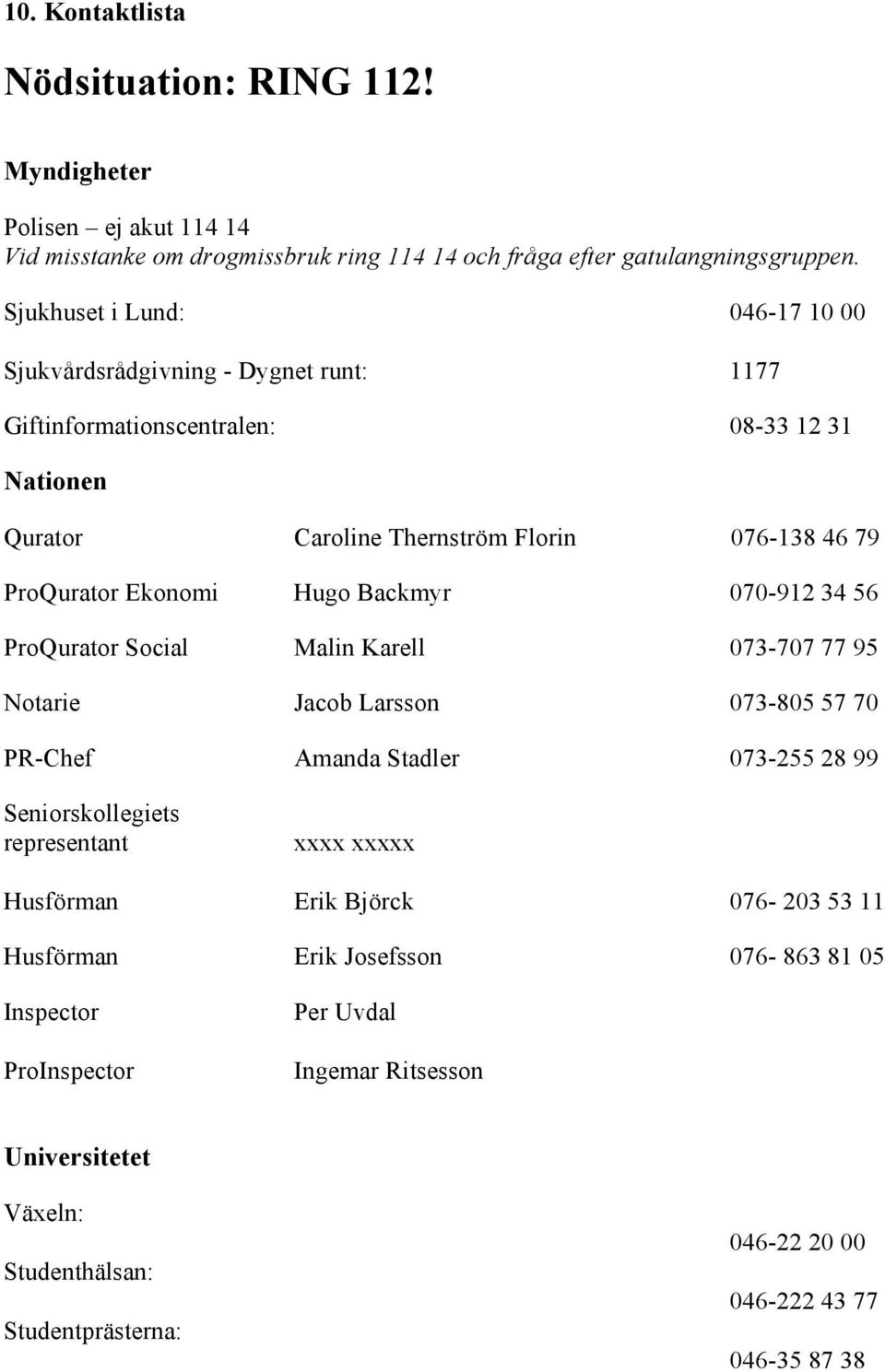 Hugo Backmyr 070-912 34 56 ProQurator Social Malin Karell 073-707 77 95 Notarie Jacob Larsson 073-805 57 70 PR-Chef Amanda Stadler 073-255 28 99 Seniorskollegiets representant xxxx xxxxx